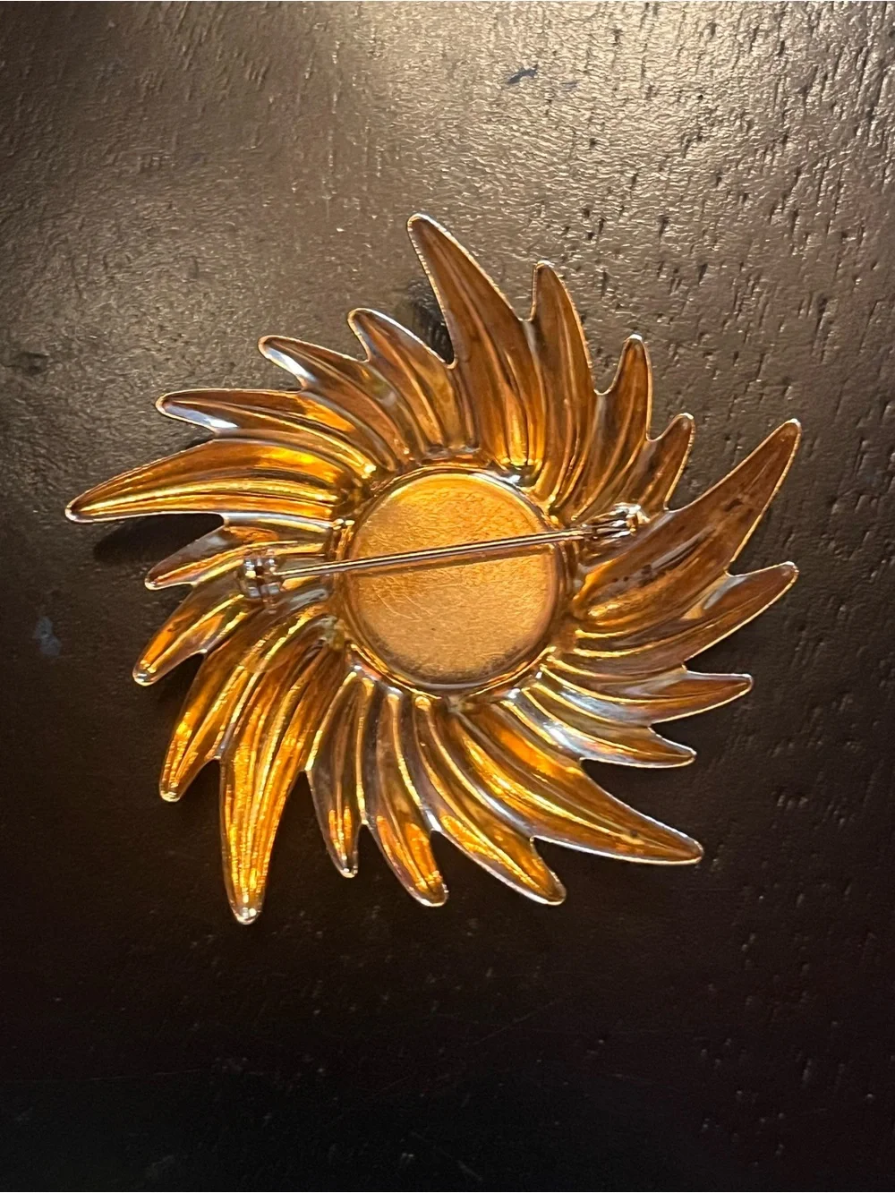 Vintage Sunburst Brooch Pin in Gold with Black Center